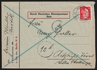 1944 (9 Aug) Censored Cover 'Auslandsprüfstelle Oslo' (Foreign Censorship Review Office) from Post Office Narvik (Norway), via German Official Mail (Dienstpost) Oslo (Norway) via Berlin №4 to Oslo (Norway) franked with 12pf