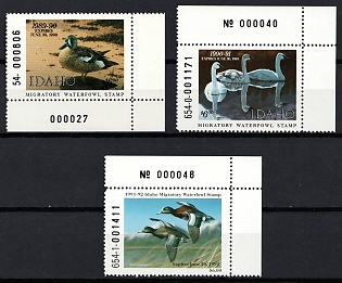 1989-91 Idaho State Duck Stamps, United States Hunting Permit Stamps (Corner Margins, Plate Numbers)