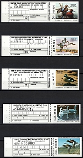 1987-90 Idaho State Duck Stamps, United States Hunting Permit Stamps, Booklet Singles with 2-Part Tabs (Margins, Plate Numbers)