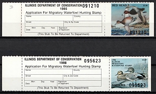 1985-86 Illinois State Duck Stamps, United States Hunting Permit Stamps with Tab (Margin)