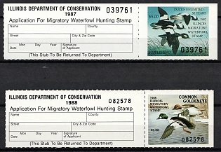 1987-88 Illinois State Duck Stamps, United States Hunting Permit Stamps with Tabs (Margin)