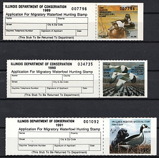 1989-91 Illinois State Duck Stamps, United States Hunting Permit Stamps with Tabs (Margin)