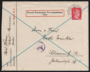 1943 (13 May) Censored Cover 'Auslandsprüfstelle Oslo' (Foreign Censorship Review Office) from Post Office Oslo (Norway) via German Official Mail (Dienstpost) Oslo (Norway), via Berlin franked with 12pf