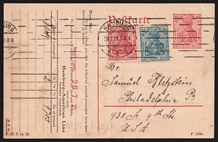 1921 (21 Jul) Weimar Republic, Germany, Hamburg American Line, Postal Stationery Postcard from Hamburg to Philadelphia (U.S.A.) franked with 30pf, 40pf