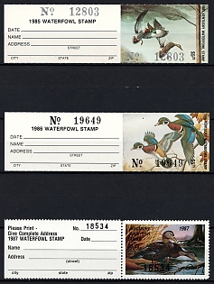 1985-87 5.25d Kentucky State Duck Stamps, United States Hunting Permit Stamps with Tabs (Plate Numbers)