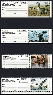 1988-91 5.25d Kentucky State Duck Stamps, United States Hunting Permit Stamps with Tabs (Margins, Plate Numbers)