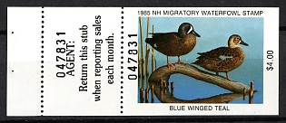 1985 4d New Hampshire State Duck Stamp, United States Hunting Permit Stamp, Booklet Single with 2-Part Tab (Margin, PLate Number)
