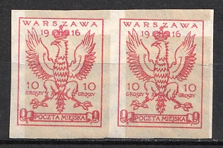 1916 10gr Warsaw Local Issue, Poland, Pair (SHIFTED Background)