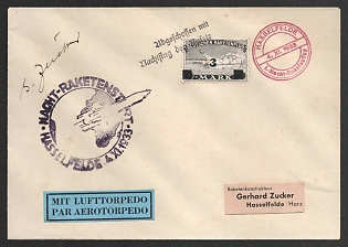 1933 (4 Nov) 'Shot Down with a Night Flight of the Rocket' Hasselfelde, Germany, Gerhard Zucker Pioneer Rocket Mail, Airmail Torpedo Cover to Hasselfelde-Harz franked with 3m (Commemorative Postmarks, Signed)