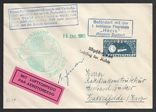 1933-1960 'Shot Down with a Night Flight of the Rocketh', 'Transported with the Silver Jubilee Rocket Flight in 1960', 'Transported with the First Guided Rocket "Herta"', Germany, Gerhard Zucker Pioneer Rocket Mail, Airmail Torpedo Cover to Hasselfelde/Harz franked with 3m (Commemorative Postmarks, Signed)