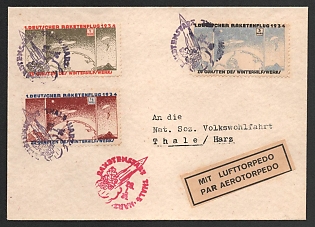1934 (28 Jan) Thale-Harz, Germany, Gerhard Zucker Pioneer Rocket Mail, Airmail Torpedo Cover to Thale/Harz franked with 0.5m, 1m, 3m (Commemorative Postmarks)