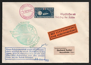 1933-1960 '1st Night Rocket Launch', 'Shot Down with a Night Flight of the Rocket', 'Transported with the Silver Jubilee Rocket Flight in 1960', Germany, Gerhard Zucker Pioneer Rocket Mail, Airmail Torpedo Cover to Hasselfelde-Harz franked with 3m (Commemorative Postmarks, Signed)