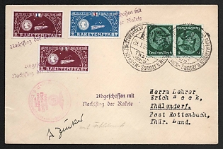 'Shot Down with a Night Flight of the Rocket', Germany, Gerhard Zucker Pioneer Rocket Mail, Cover from Thale-Harz to Thalendorf franked with Tete-beche 6pf, 1m, 2 x 3m, (Commemorative Postmarks, Signed)