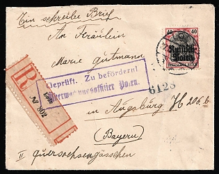 1915 Poland, German Occupation, Germany, Censored Registered Cover from Lodz to Augsburg franked with 40pf