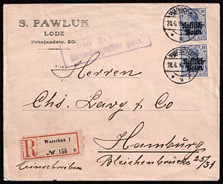 1916 (28 Jun) Poland, German Occupation, Germany, Censored Registered Cover from Warsaw to Hamburg franked with pair of 20pf
