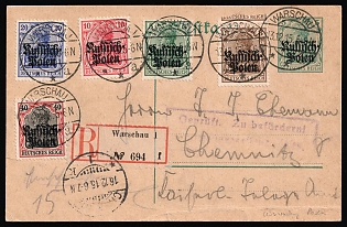 1915 (12 Dec) Poland, German Occupation, Germany, Censored Registered 5pf Postal Stationery Postcard from Warsaw to Chemnitz franked with full set