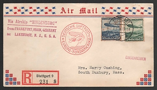 1936 (6 May) 'German Airpost Europe-North America', Third Reich, Germany, Registered Airship Airmail Cover from Stuttgart via Airship "Hindenburg" from Frankfurt am Main to Lakehurst (New Jersey, U.S.A.), via New-York to South Duxbury (Massachusetts, U. S. A.) franked with 50pf, 75pf