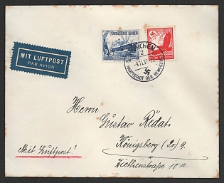 1937 (9 Nov) Third Reich, Germany, Airmail Cover from Munich to Konigsberg franked with 10pf, 25pf