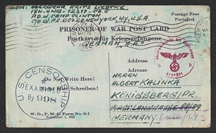 1944 (16 May) P.O.W. Camp Clinton, Military Mail, Field Post Feldpost Censorship Postal Stationery Postcard for Prisoners of War from New-York (U.S.A.) to Konigsberg (Germany)