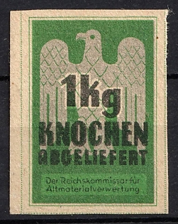 1933-1945 1kg of Bones Delivered to the Reich Commissioner for Scrap Material Recycling, Third Reich Nazi Germany Revenue Stamp
