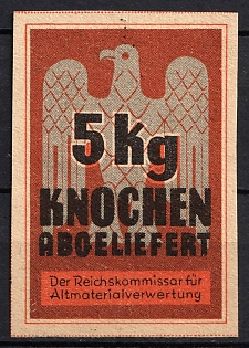 1933-1945 5kg of Bones Delivered to the Reich Commissioner for Scrap Material Recycling, Third Reich Nazi Germany Revenue Stamp