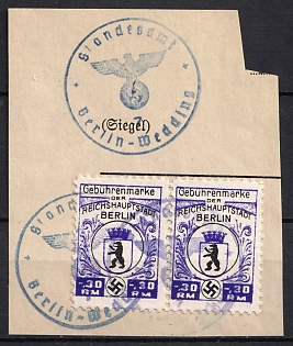 1933-1945 30RM Revenue Stamp of the Imperial Capital of Berlin, Rare, Third Reich Nazi Germany Revenue Stamp