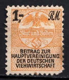 1933-1945 1RM Contribution to the Main Association of German Livestock Industry, Rare, Third Reich Nazi Germany Revenue Stamp