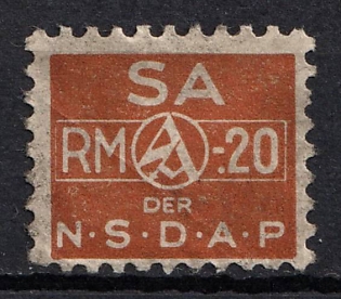 1933-1945  20RM Sa of The N.S.D.A.P., NSDAP, Third Reich Nazi Germany Revenue Stamp