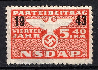 1943 5.40RM N.S.D.A.P. Party Contribution Quarterly, NSDAP, Third Reich Nazi Germany Revenue Stamp