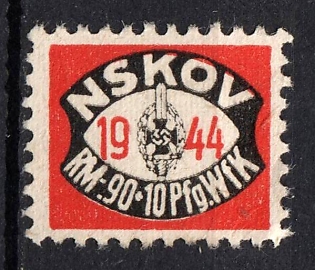 1944 90RM NSKOV 1944, NSKOV National Socialist War Victim's Care, Third Reich Nazi Germany Revenue Stamp