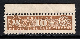 1933-1945 10RM Contribution the German Labor Front, Insurance, Third Reich Nazi Germany Revenue Stamp