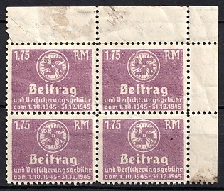 1945 1.75RM Contribution and Insurance Fee from October 1, 1945, to December 31, 1945, Insurance, Third Reich Nazi Germany Revenue Stamp