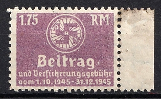 1945 1.75RM Contribution and Insurance Fee from October 1, 1945, to December 31, 1945, Insurance, Third Reich Nazi Germany Revenue Stamp