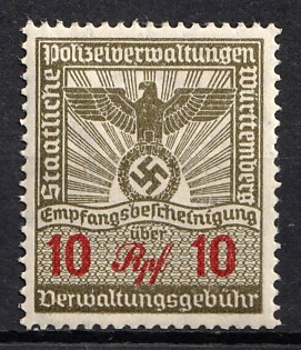 1933-1945 10Rpf State Police Administration of Wurttemberg Receipt Administrative Fee, Police, Third Reich Nazi Germany Revenue Stamp