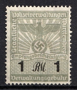 1933-1945 1Rm State Police Administration of Wurttemberg Receipt Administrative Fee, Police, Third Reich Nazi Germany Revenue Stamp