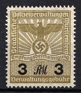 1933-1945 3Rm State Police Administration of Wurttemberg Receipt Administrative Fee Administrative Fee, Police, Third Reich Nazi Germany Revenue Stamp