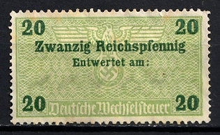 1933-1945 Twenty Reichspfennig Cancelled on German Exchange Tax, Third Reich Nazi Germany Revenue Stamp