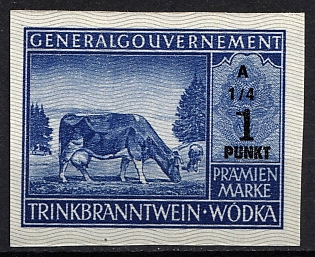 1933-1945 1Punkt General Government Drinking Spirits Vodka, Poland General Government Reward Stamp, Third Reich Nazi Germany Revenue Stamp