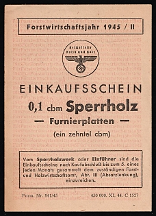 1945 Purchase Voucher 0.1 Cbm of Plywood Veneer Panels (One-Tenth of a Cbm), Third Reich Nazi Germany Revenue Stamp
