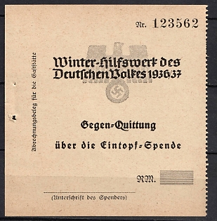 1936-1937 RM Winter Relief Fund of the German People 1936-37, Third Reich Nazi Germany Revenue Stamp