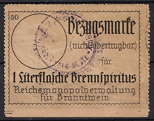1933-1945 Ration Stamp (Non-Transferable) for a Liter Bottle of Denatured Alcohol, Reich Monopoly Administration for Spirits, Third Reich Nazi Germany Revenue Stamp