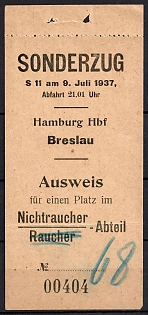 1937 Special Train S 11 on July 9, 1937, Departure 901 P.m. Hamburg Central Station to Breslau. Id Card For a Seat in the Non-Smoking, Judaica, Third Reich Nazi Anti-Semitic Germany Revenue Stamp
