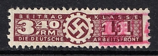 1933-1945 3.40RM Contribution Class the German Labor Front, Insurance, Third Reich Nazi Germany Revenue Stamp