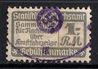 1933-1945 1RM State Tax Collection Stamp for Night Motor Vehicles, Third Reich Nazi Germany Revenue Stamp