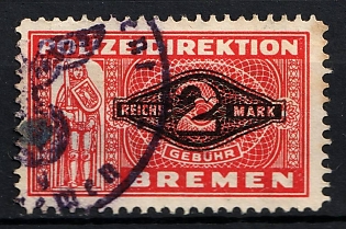 1933-1945 2RM Police President Bremen, Third Reich Nazi Germany Revenue Stamp