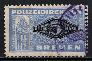 1933-1945 5RM Police President Bremen, Third Reich Nazi Germany Revenue Stamp