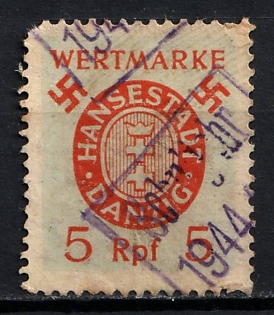 1944 5Rpf Value Stamp, Third Reich Nazi Germany Revenue Stamp