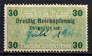 1933-1945 Thirty Reichspfennig Cancelled on German Exchange Tax, Third Reich Nazi Germany Revenue Stamp