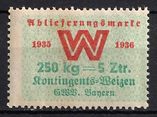 1935-1936 250Kg Delivery Stamp Quota Wheat, Gwv. Bavaria, Food and Goods Stamp, Third Reich Nazi Germany