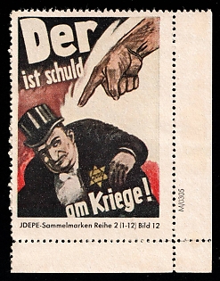 1933-1945 'He is to Blame for the War!', WWII German Army Military, Third Reich Nazi Germany Propaganda Label Stamp